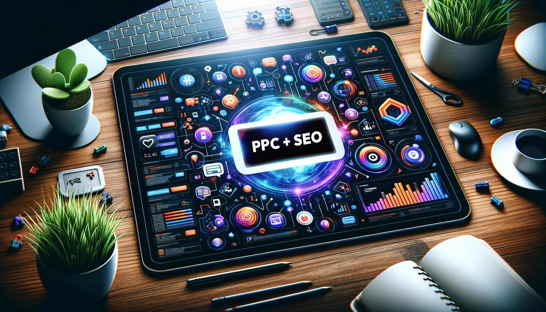 SEO and PPC Ads concept featuring tablet on a desk